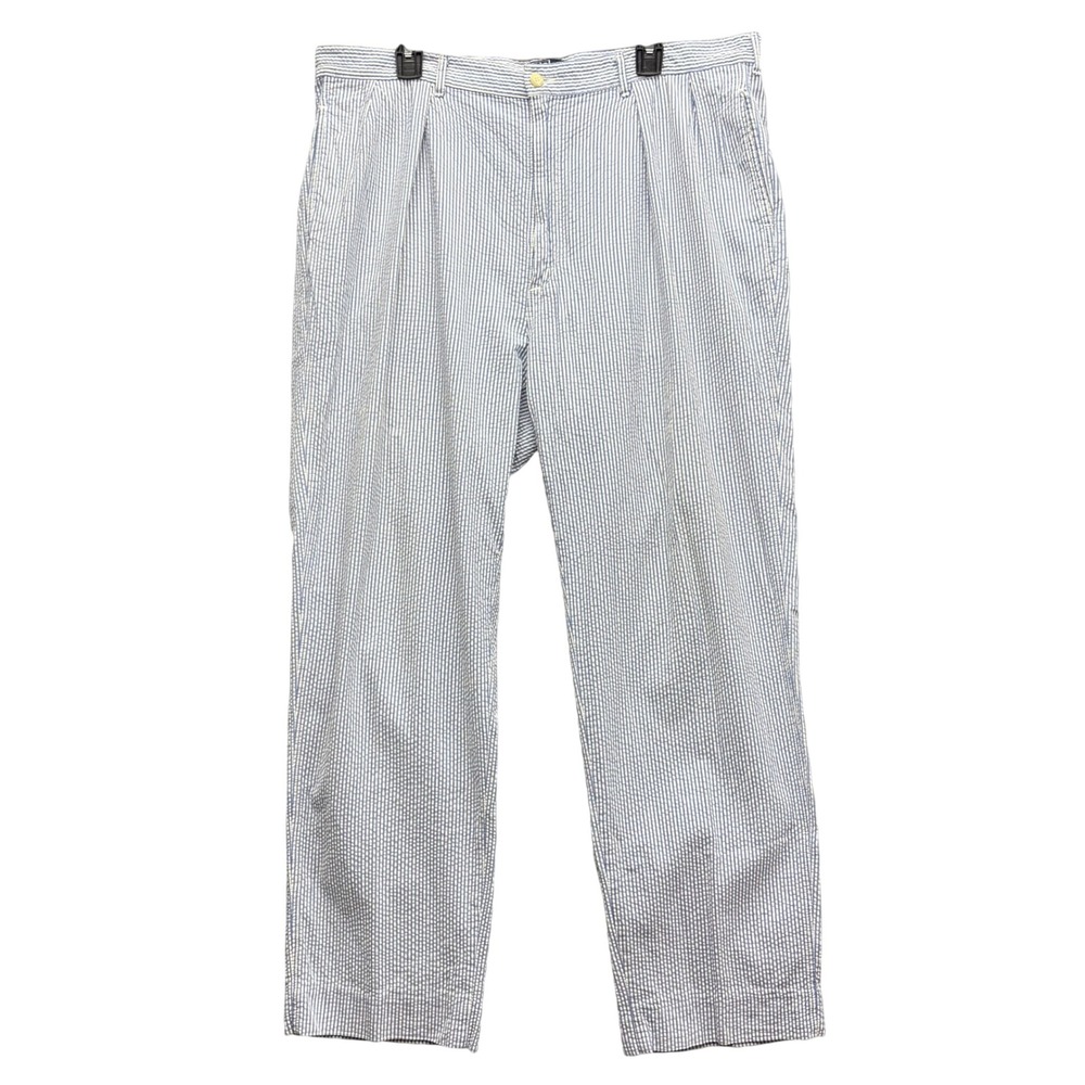 Polo Ralph Lauren Mens Blue White Striped Seersucker Pleated Pants 38x30 USA